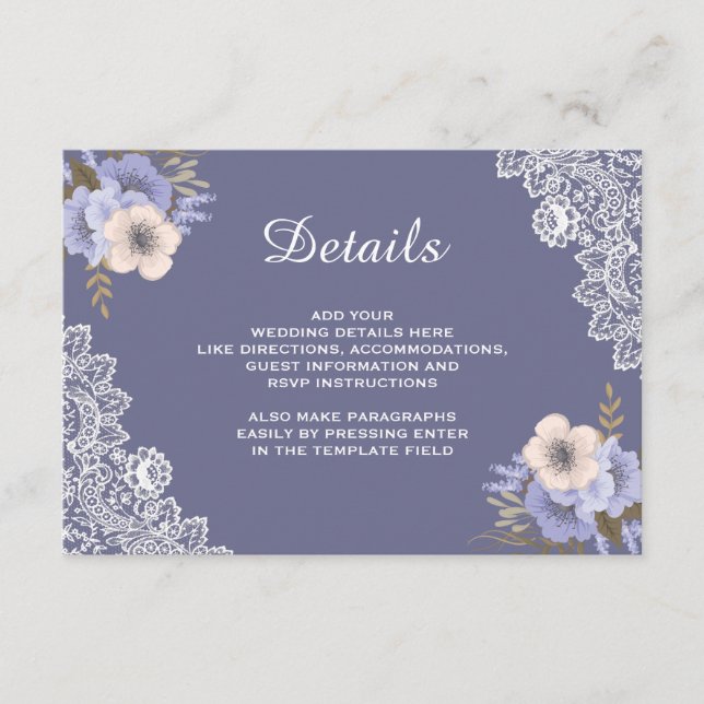 Elegant Purple Floral Lace Wedding Details Enclosure Card (Front)