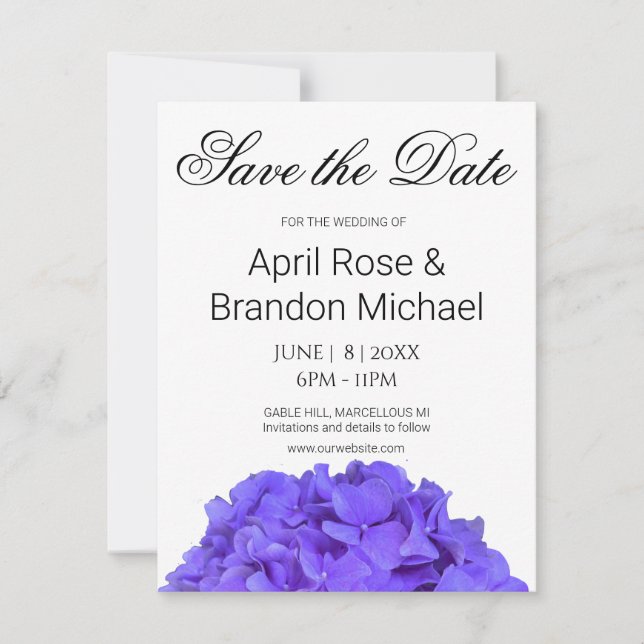 Elegant purple floral lavender lilac hydrangeas save the date (Front)