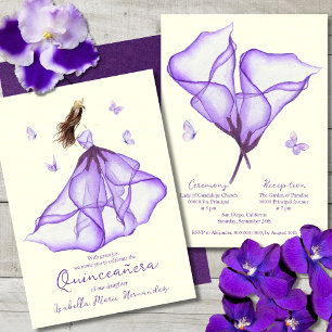 Elegant Purple Floral Lily Watercolor Quinceañera Invitation