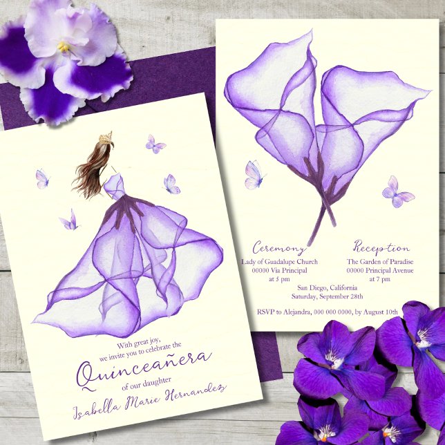 Elegant Purple Floral Lily Watercolor Quinceañera Invitation (Creator Uploaded)