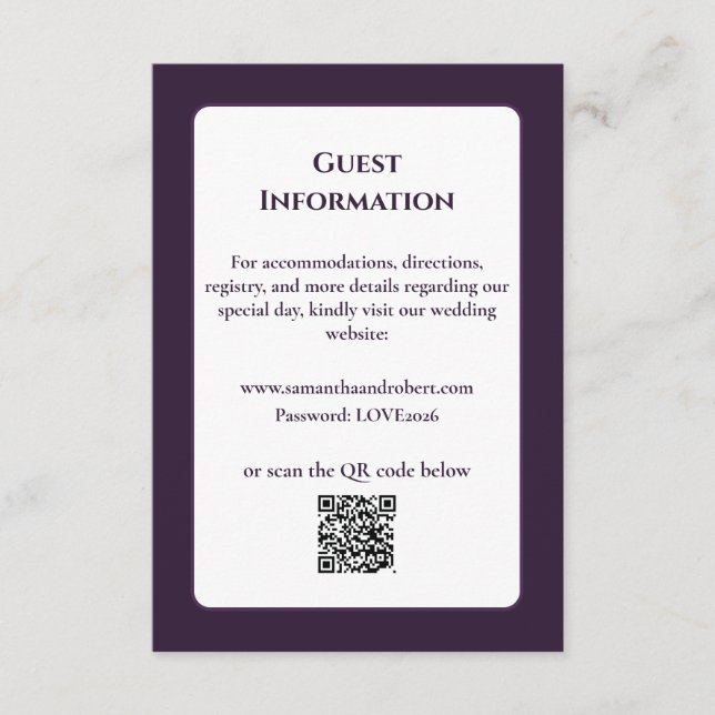 Elegant Purple Floral Line Art QR Code Wedding Enclosure Card (Front)