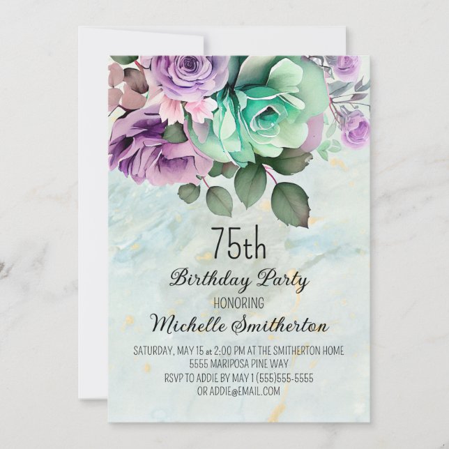 Elegant Purple Floral Mint Green 75th Birthday  Invitation (Front)