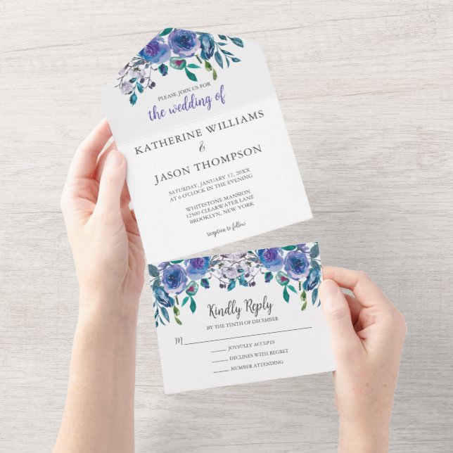 Elegant Purple Floral Modern Winter Wedding  All In One Invitation (Tearaway)