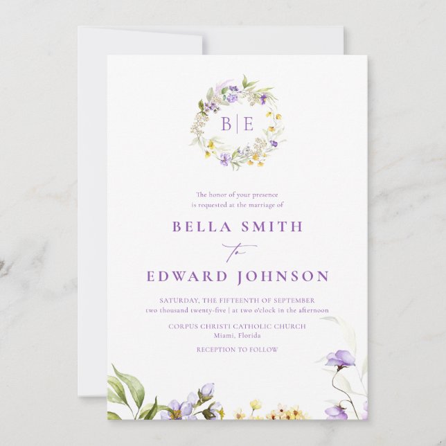 Elegant Purple Floral Monogram Botanical Wedding Invitation (Front)