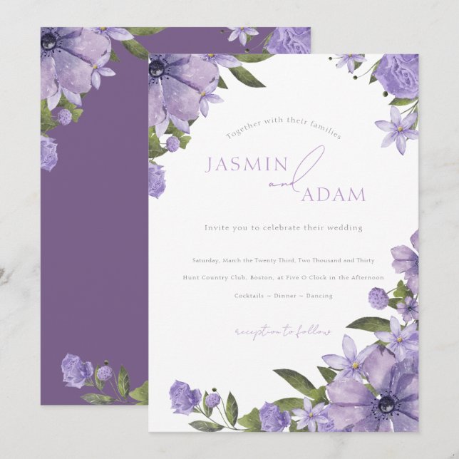 Elegant Purple Floral Monogram Wedding Invitation (Front/Back)