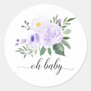 Elegant Purple Floral Oh Baby Shower Classic Round Sticker