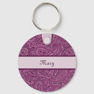 Elegant Purple Floral Paisley Pattern With Name Key Ring