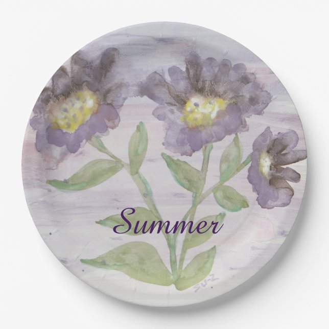Elegant Purple Floral Paper Plate (Front)