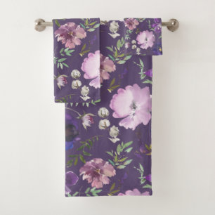 Elegant Purple Floral Pattern Bathroom Towel Set