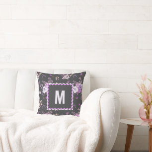 Elegant Purple Floral Pattern   Monogram Cushion