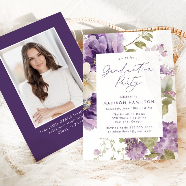 Elegant Purple Floral Photo Graduation Party Invitation (Creator Uploaded)