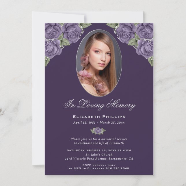Elegant Purple Floral Photo Memorial Service Invitation (Front)