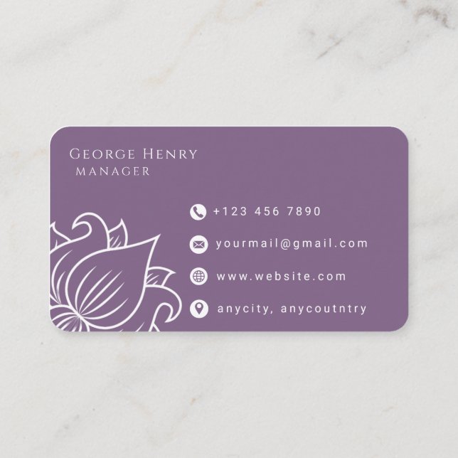 Elegant Purple Floral Professional Business Card (Back)
