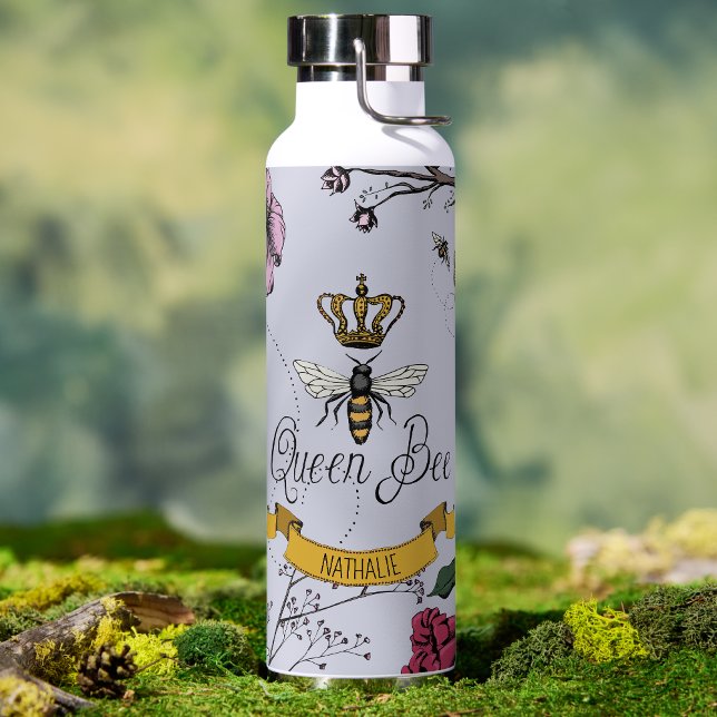 Elegant Purple Floral Queen Bee and Crown Water Bottle (Elegant Queen Bee Gold Crown Water Bottle in Purple for Her. Hand Drawn Floral Bee Illustration.)