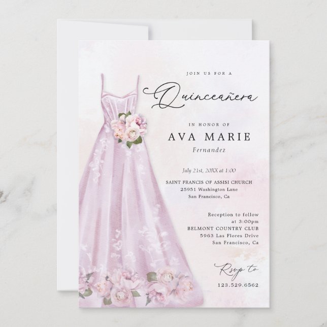 Elegant Purple Floral Quinceañera Birthday Invitation (Front)