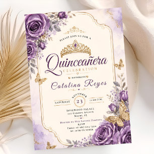 Elegant Purple Floral Quinceañera Invitation