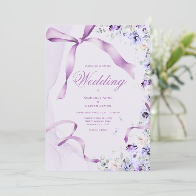 Elegant Purple Floral Ribbons Wedding Invitation (Standing Front)