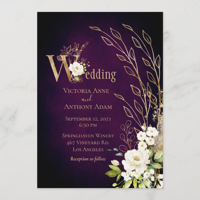 Elegant Purple Floral Rustic Script Wedding Invitation (Front)