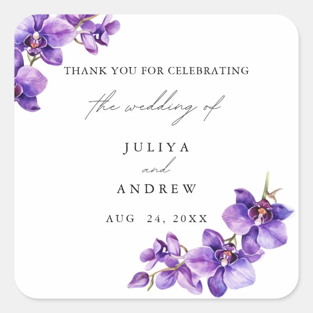 Elegant purple floral script wedding square sticker (Front)
