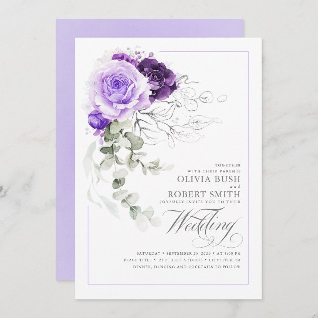 Elegant Purple Floral Silver Greenery Boho Wedding Invitation (Front/Back)