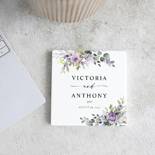 Elegant Purple Floral Square Wedding Coaster