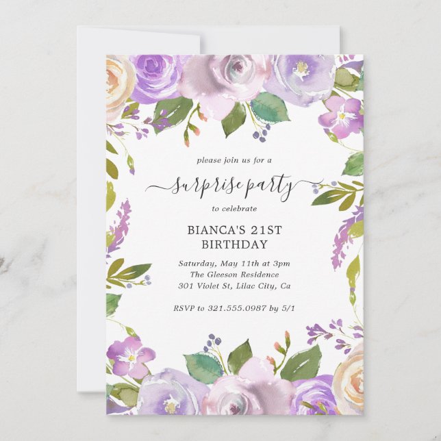 Elegant Purple Floral Surprise Birthday Party Invitation (Front)