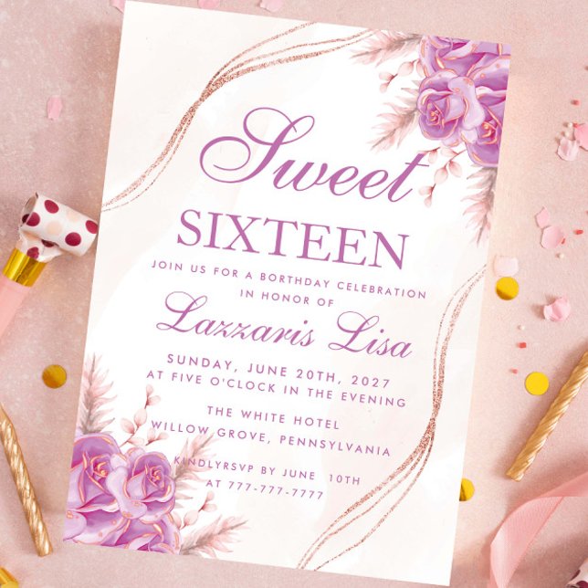 Elegant Purple Floral Sweet Sixteen 16 Birthday Invitation (Creator Uploaded)