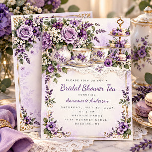 Elegant Purple Floral Tea Party Bridal Shower Invitation