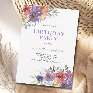 Elegant Purple Floral Watercolor Birthday Invitation