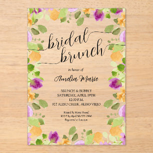 Elegant Purple Floral Watercolor Bridal Shower Acrylic Invitations