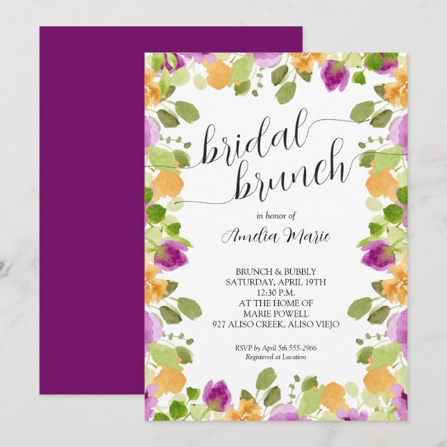 Elegant Purple Floral Watercolor Bridal Shower Invitation (Front/Back)
