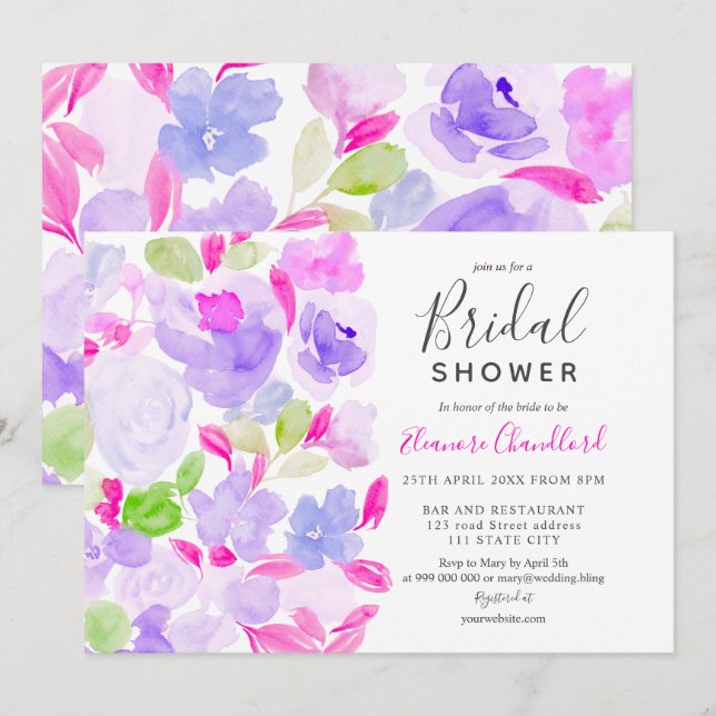 Elegant purple floral watercolor bridal shower invitation (Front/Back)