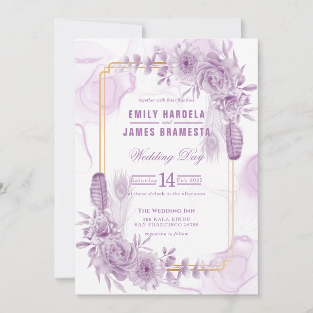 Elegant Purple Floral Watercolor Budget Wedding  Invitation (Front)