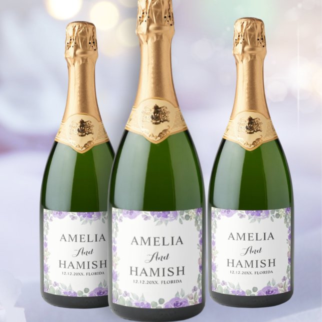 Elegant Purple Floral Watercolor Wedding Sparkling Wine Label (Creator Uploaded)