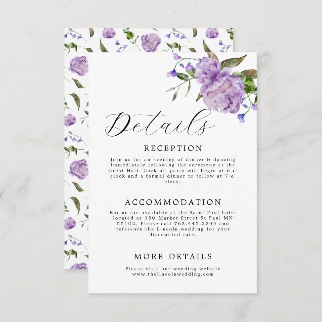 Elegant Purple Floral Wedding Enclosure Card (Front/Back)