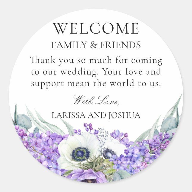 Elegant Purple Floral Wedding Favour Thank You Cla Classic Round Sticker (Front)
