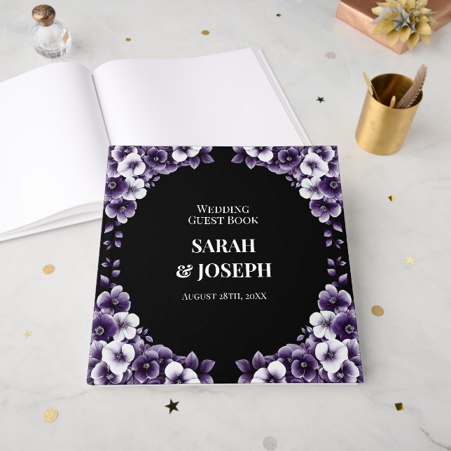 Elegant Purple Floral Wedding Guest Book (Front Open)