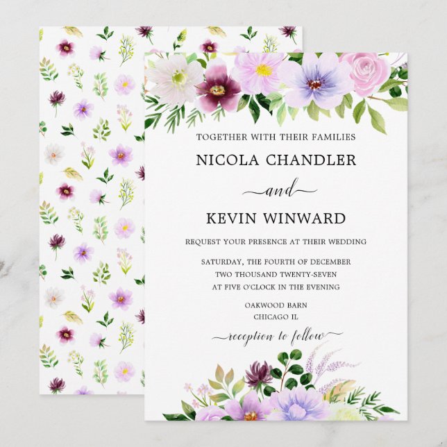 Elegant Purple Floral Wedding Invitation (Front/Back)