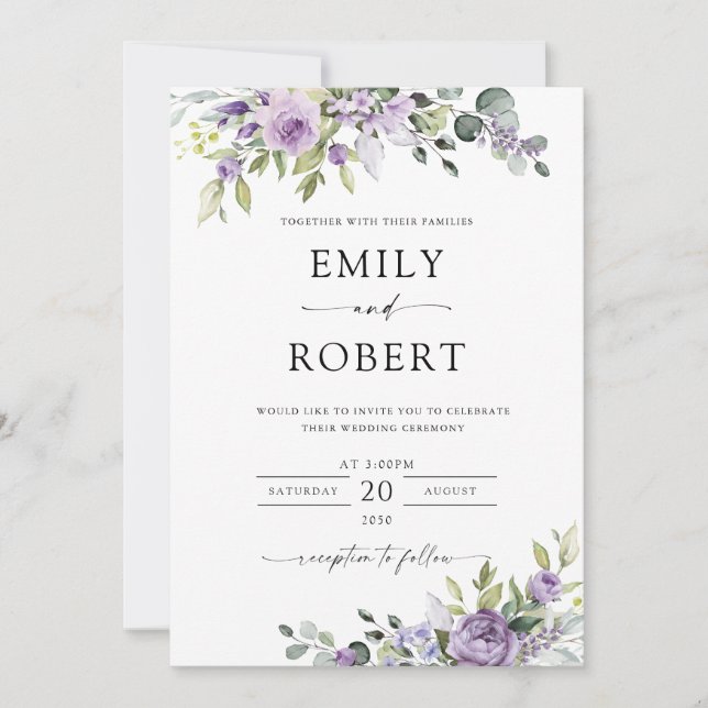 Elegant Purple Floral Wedding Invitation (Front)