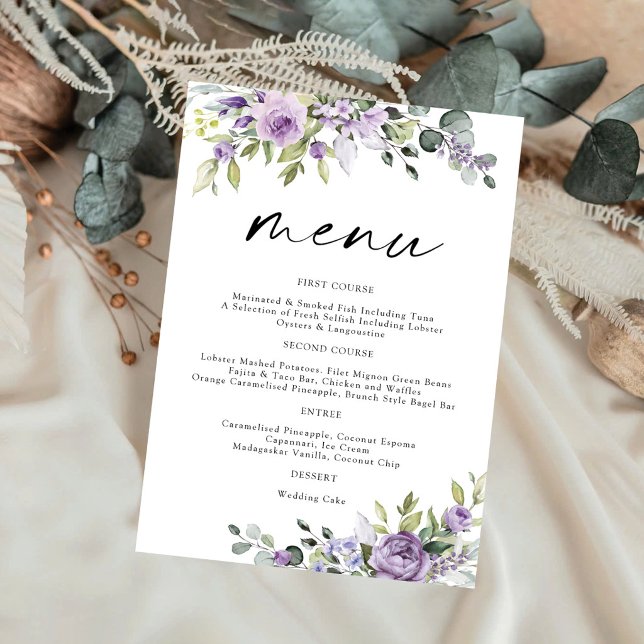 Elegant Purple Floral Wedding Menu Invitation (Creator Uploaded)