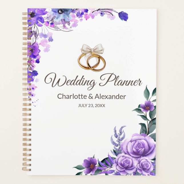 Elegant Purple Floral Wedding Personalised  Planner (Front)