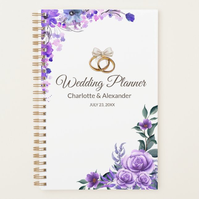 Elegant Purple Floral Wedding Personalised  Planner (Front)