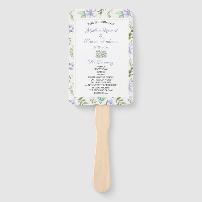 Elegant Purple Floral Wedding Program Hand Fan (Front)