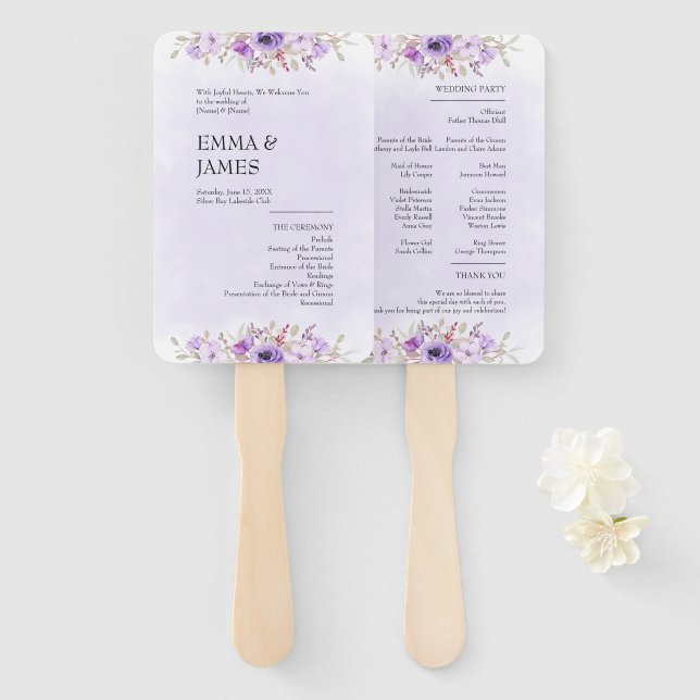 Elegant Purple Floral Wedding Programs Hand Fan (Front and Back)