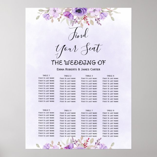 Elegant Purple Floral Wedding Seating Chart (Front)