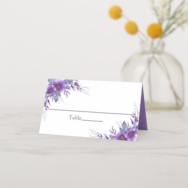 Elegant Purple Floral Wedding Table Place Card (Front)