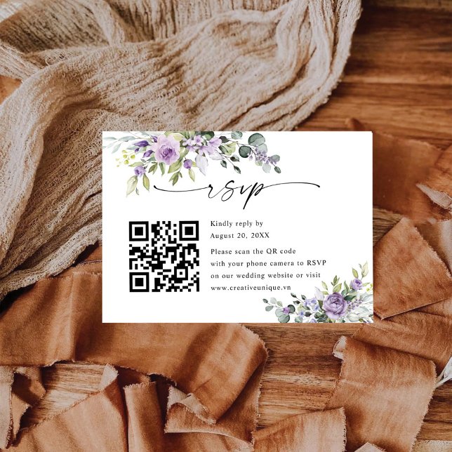 Elegant Purple Floral Wedding Website QR Code RSVP Card (Creator Uploaded)