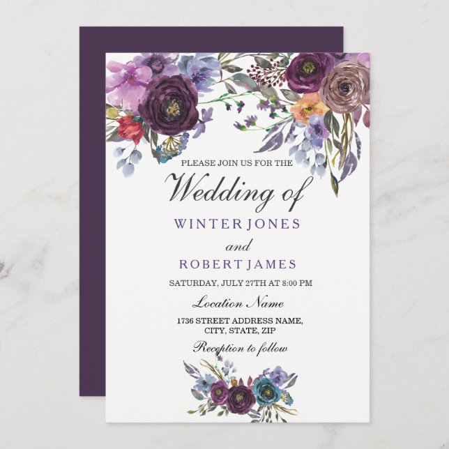 Elegant Purple Floral Winter Wedding Invitation (Front/Back)