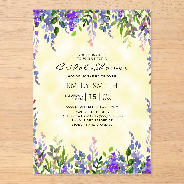 Elegant Purple Floral Yellow Bridal Shower Acrylic Invitations (Front)