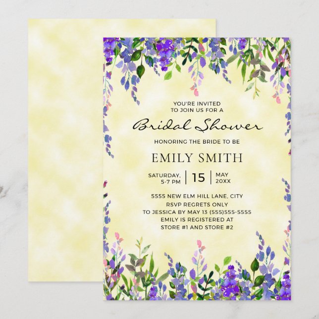 Elegant Purple Floral Yellow Bridal Shower Invitation (Front/Back)